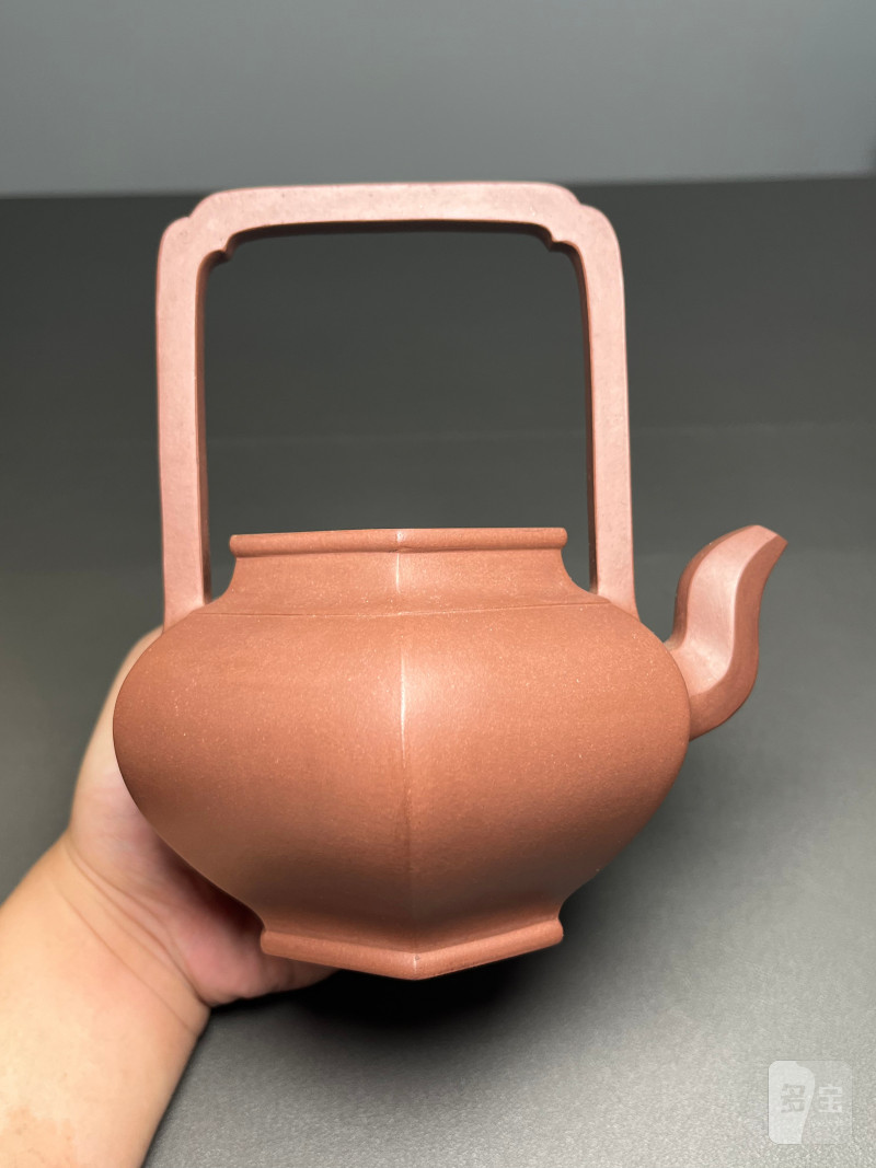 清末 紫泥六方提梁壶 - 图8